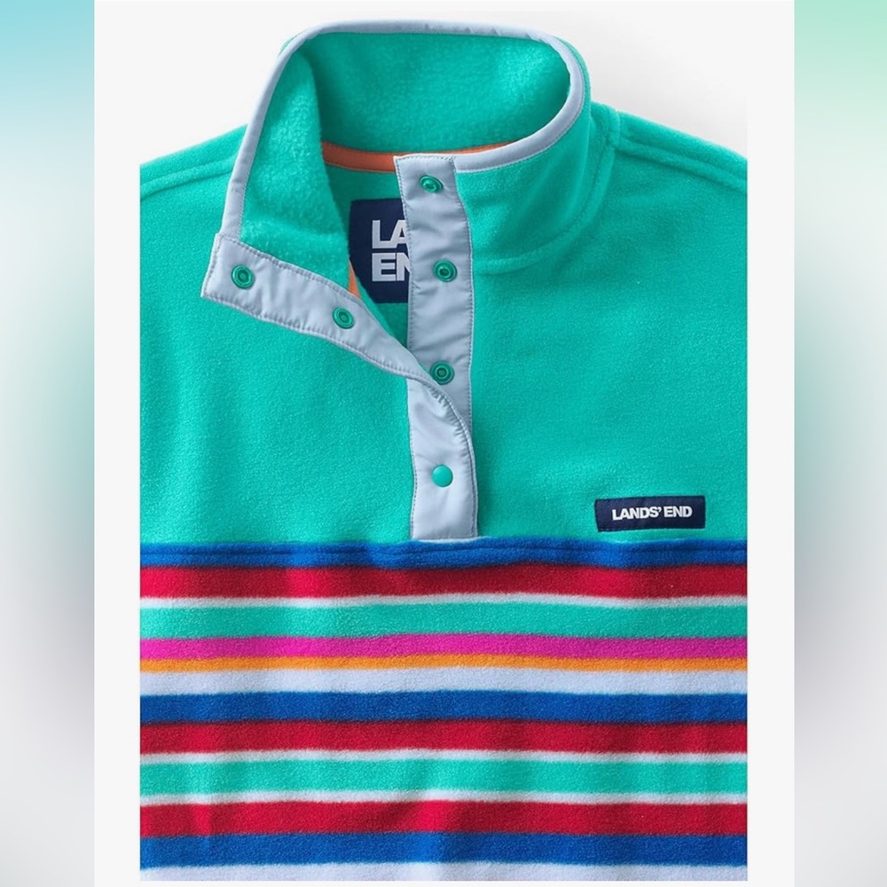 Lands' End Womens Snap Neck Heritage Fleece Pullover Rainbow Multi Stripe